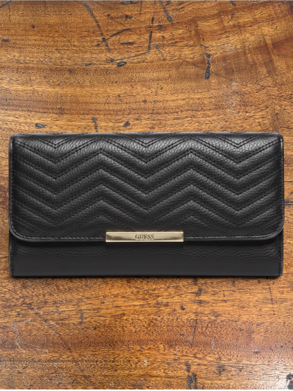 GUESS Cleopatra Black Chevron Quilted Faux Leather Flap Clutch Wallet Bag